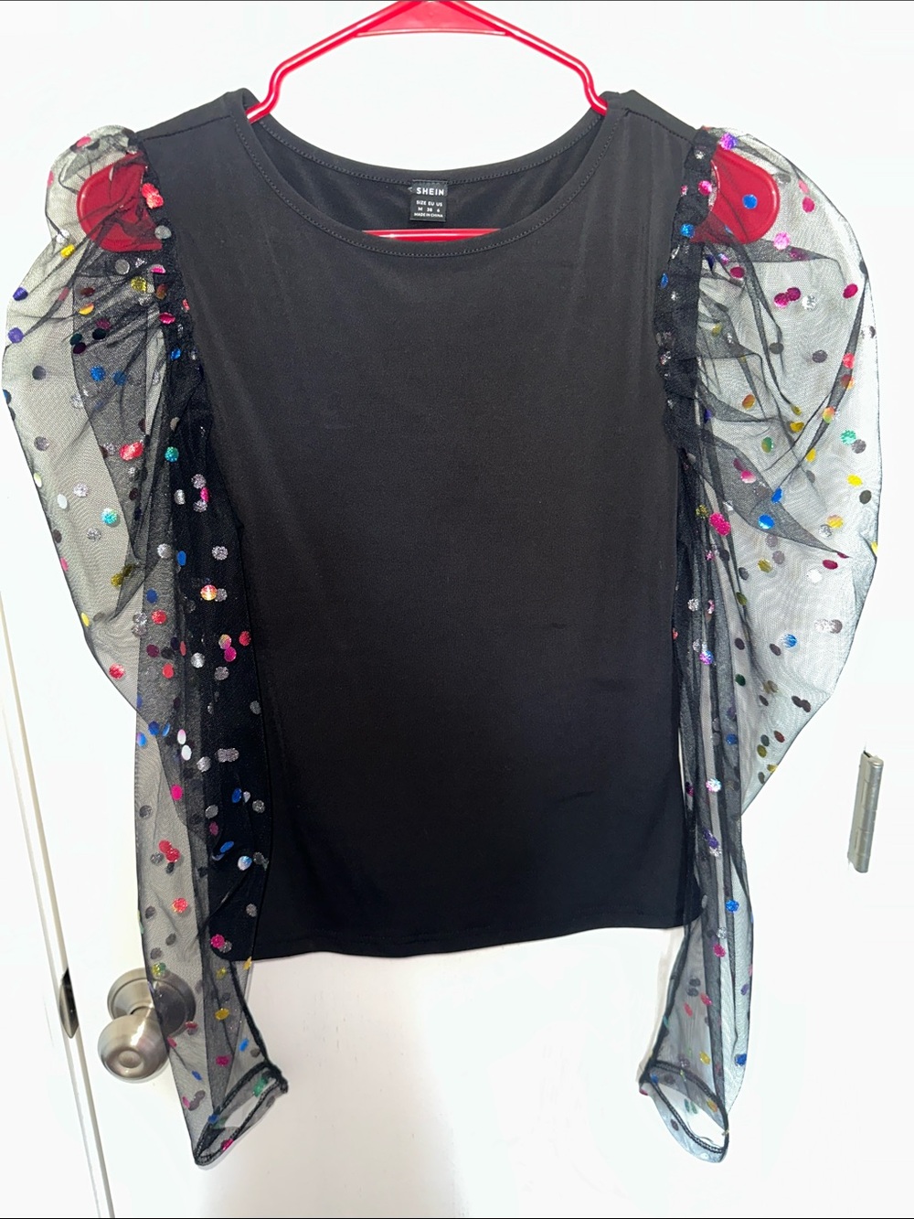 SHEIN Black Tee with Multicolor Sequin Polka Dot Puff Sleeves